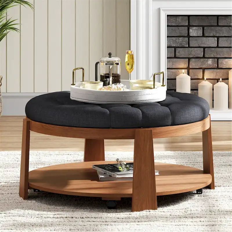 Table basse capitonnée de 36 po avec étagère en bois et roues