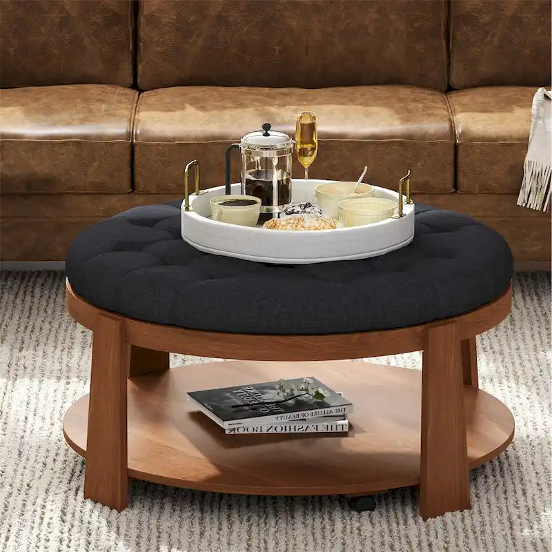 Table basse capitonnée de 36 po avec étagère en bois et roues