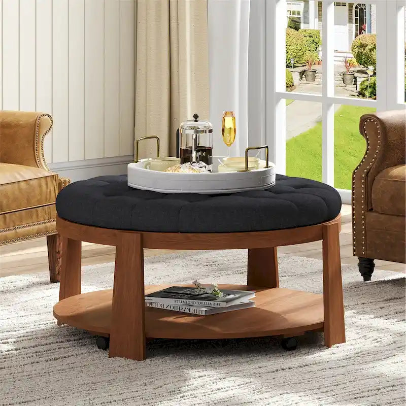 Table basse capitonnée de 36 po avec étagère en bois et roues