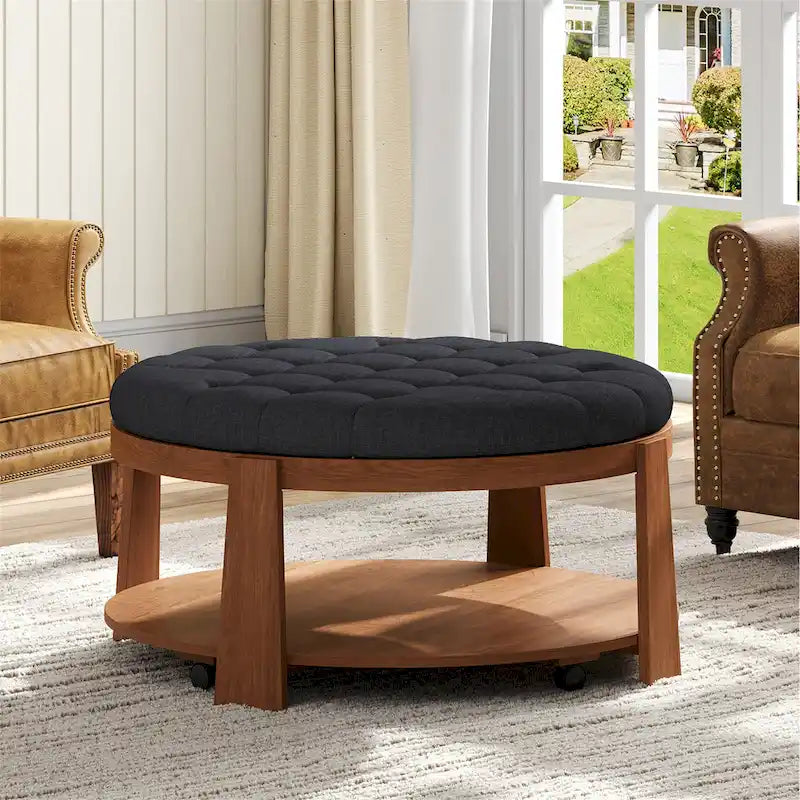 Table basse capitonnée de 36 po avec étagère en bois et roues