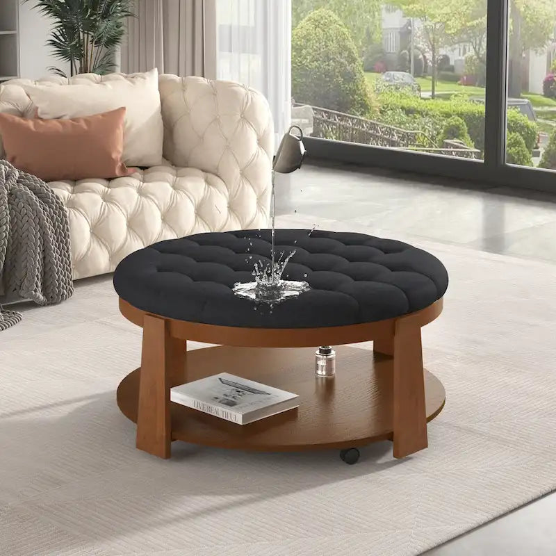 Table basse capitonnée de 36 po avec étagère en bois et roues