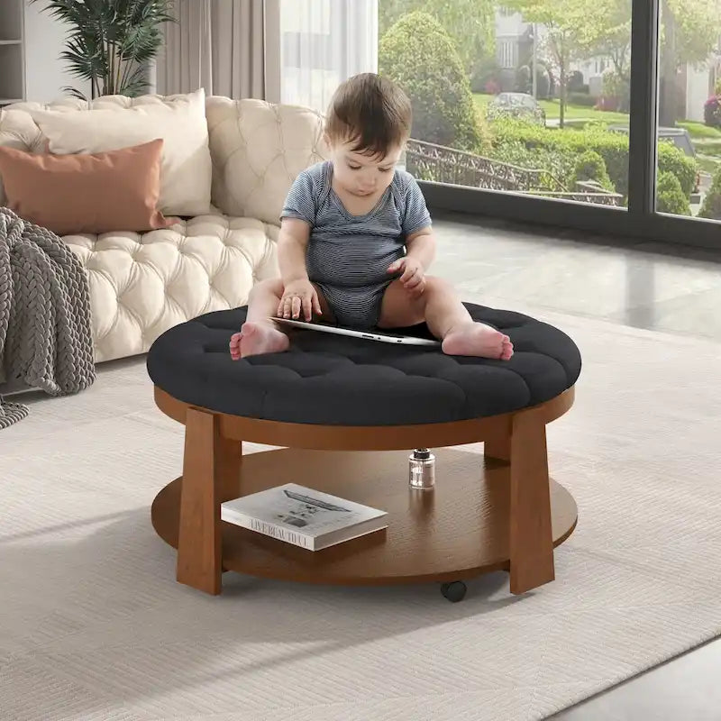 Table basse capitonnée de 36 po avec étagère en bois et roues