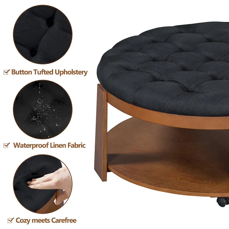 Table basse capitonnée de 36 po avec étagère en bois et roues