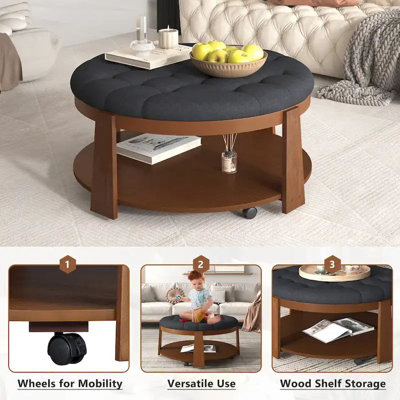 Table basse capitonnée de 36 po avec étagère en bois et roues