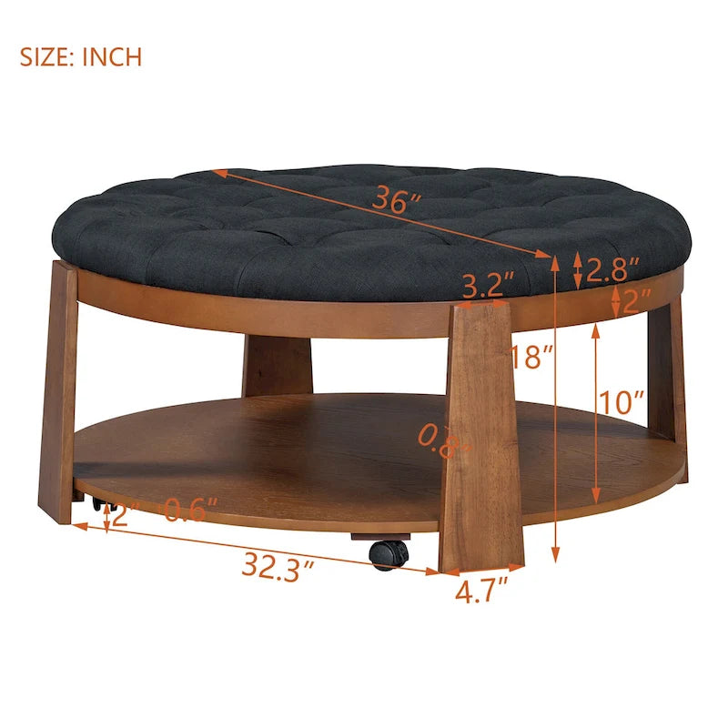 Table basse capitonnée de 36 po avec étagère en bois et roues