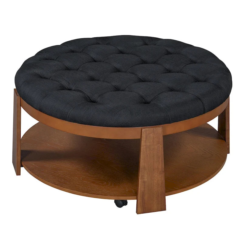 Table basse capitonnée de 36 po avec étagère en bois et roues