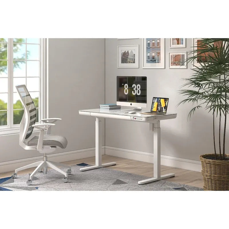 Bureau électrique debout en verre de 48 pouces avec plateau en verre trempé, poste de travail assis-debout à hauteur réglable pour bureau moderne
