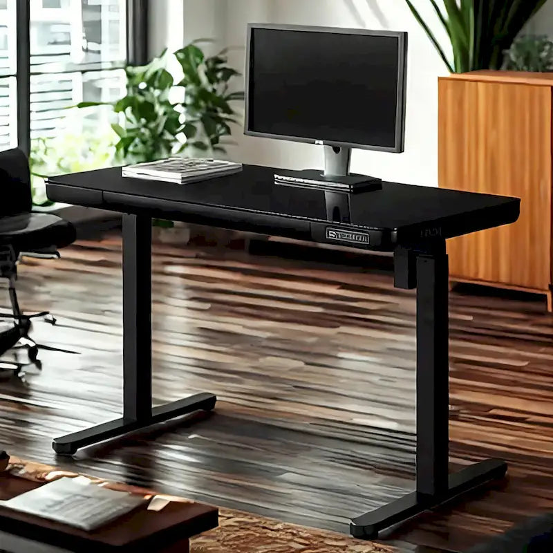Bureau électrique debout en verre de 48 pouces avec plateau en verre trempé, poste de travail assis-debout à hauteur réglable pour bureau moderne