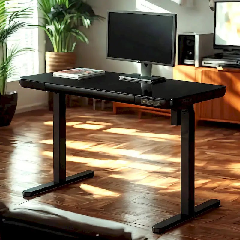 Bureau électrique debout en verre de 48 pouces avec plateau en verre trempé, poste de travail assis-debout à hauteur réglable pour bureau moderne