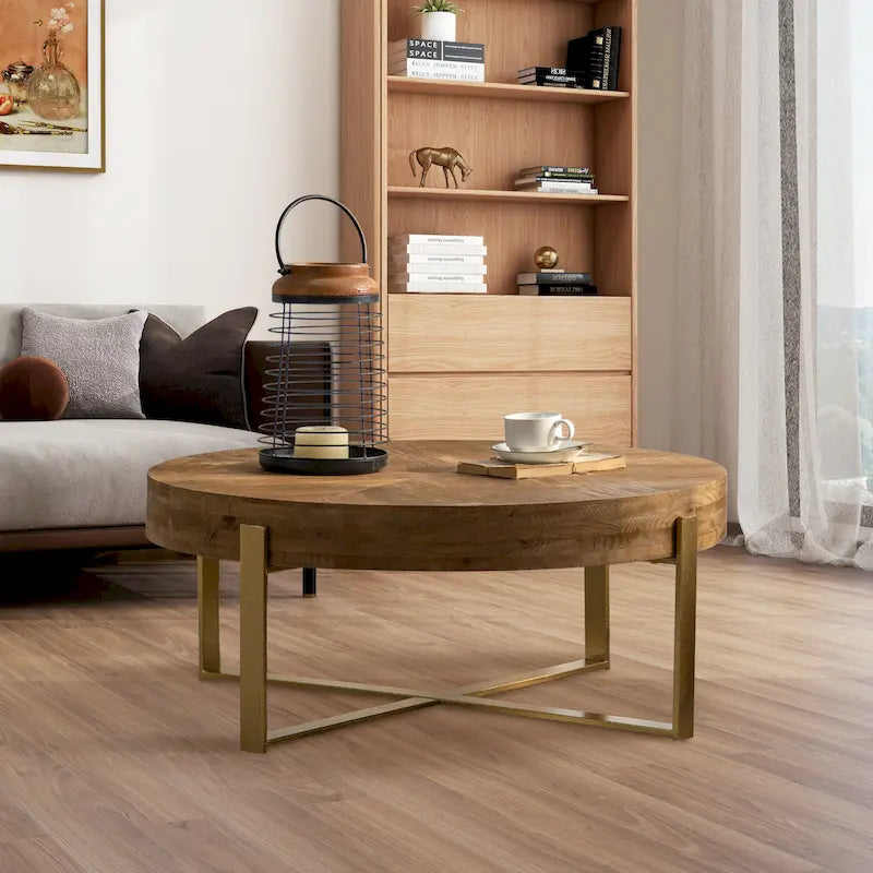 Table basse ronde de 31 W avec plateau en bois de sapin et table d'appoint à cadre métallique