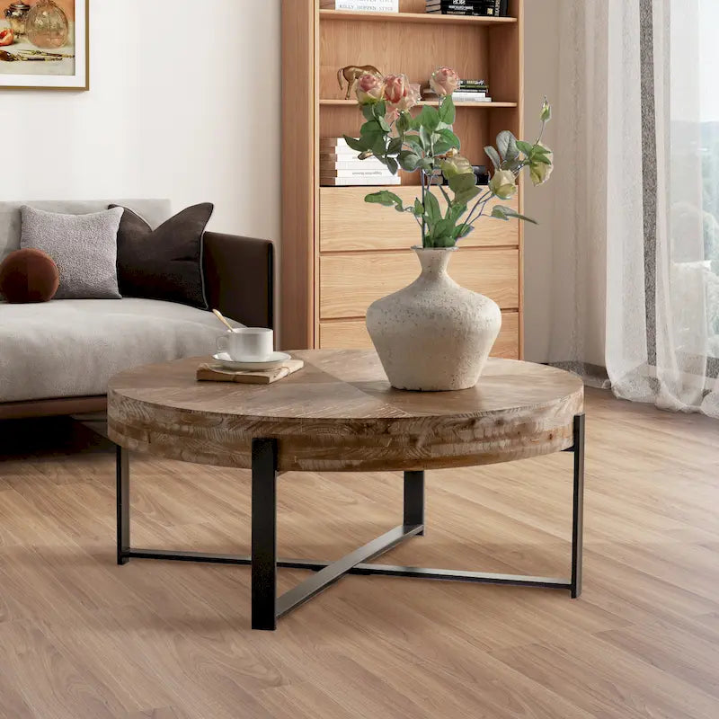 Table basse ronde de 31 W avec plateau en bois de sapin et table d'appoint à cadre métallique