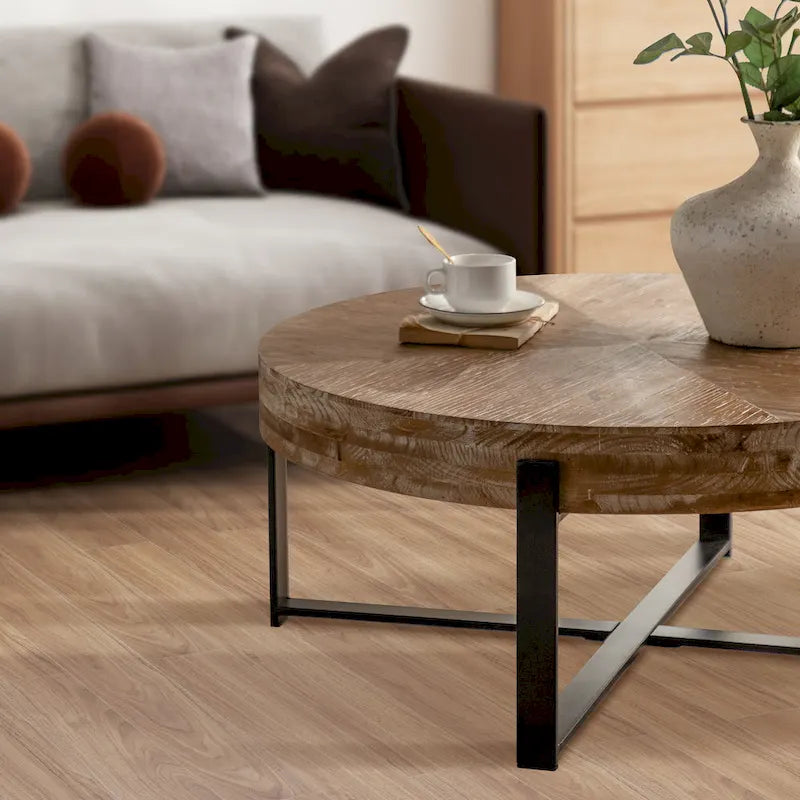 Table basse ronde de 31 W avec plateau en bois de sapin et table d'appoint à cadre métallique