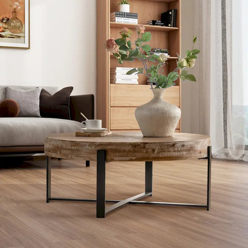 Table basse ronde de 31 W avec plateau en bois de sapin et table d'appoint à cadre métallique