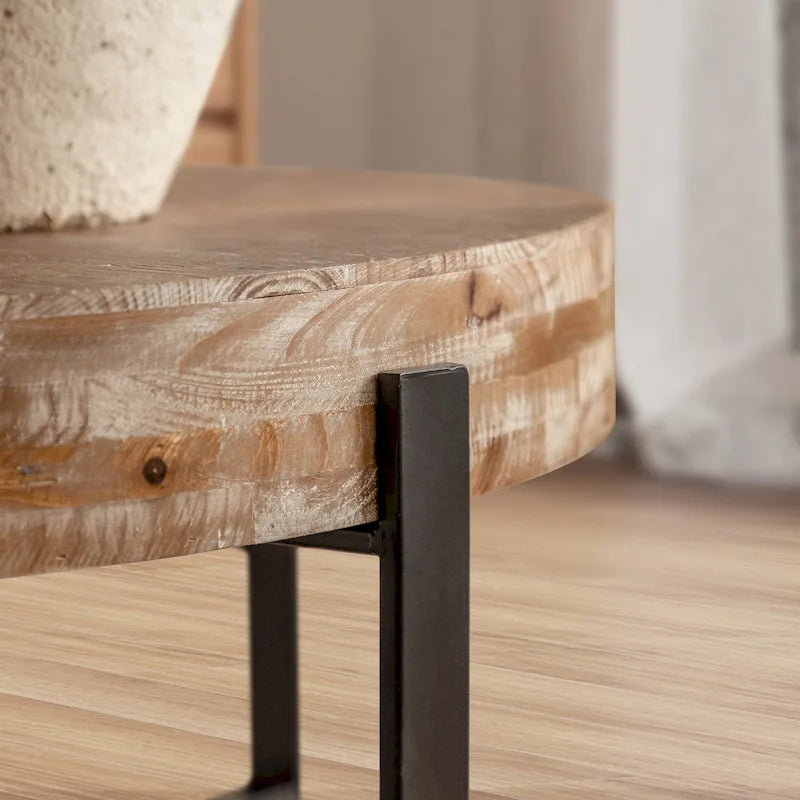 Table basse ronde de 31 W avec plateau en bois de sapin et table d'appoint à cadre métallique