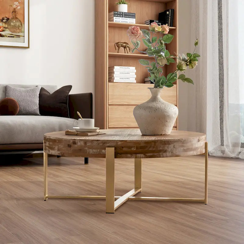 Table basse ronde de 31 W avec plateau en bois de sapin et table d'appoint à cadre métallique