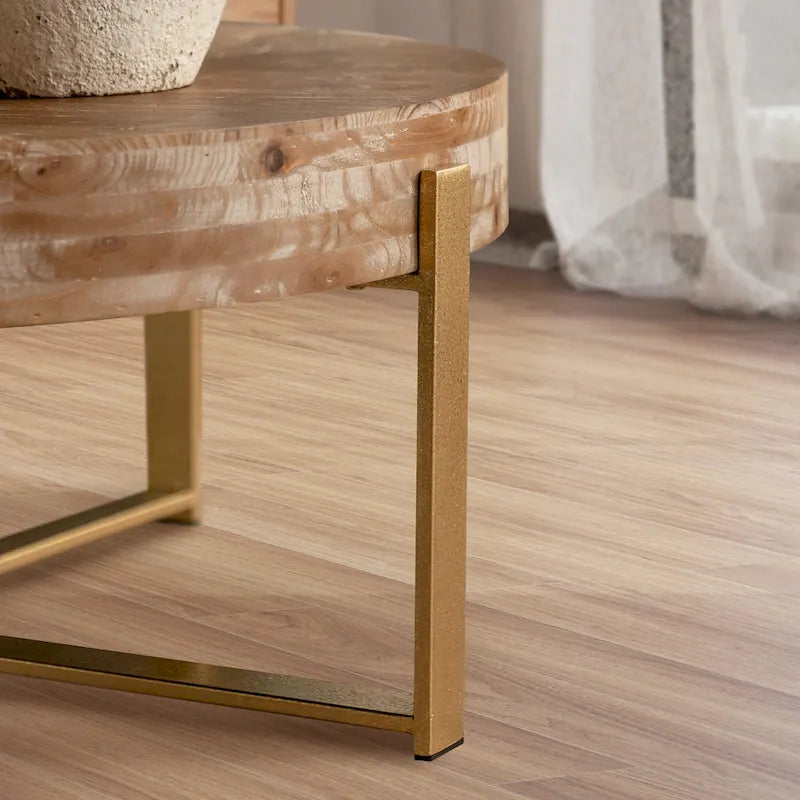 Table basse ronde de 31 W avec plateau en bois de sapin et table d'appoint à cadre métallique