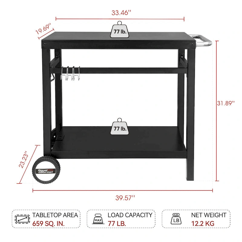 Table de travail de desserte mobile à double étagère avec poignée, noire