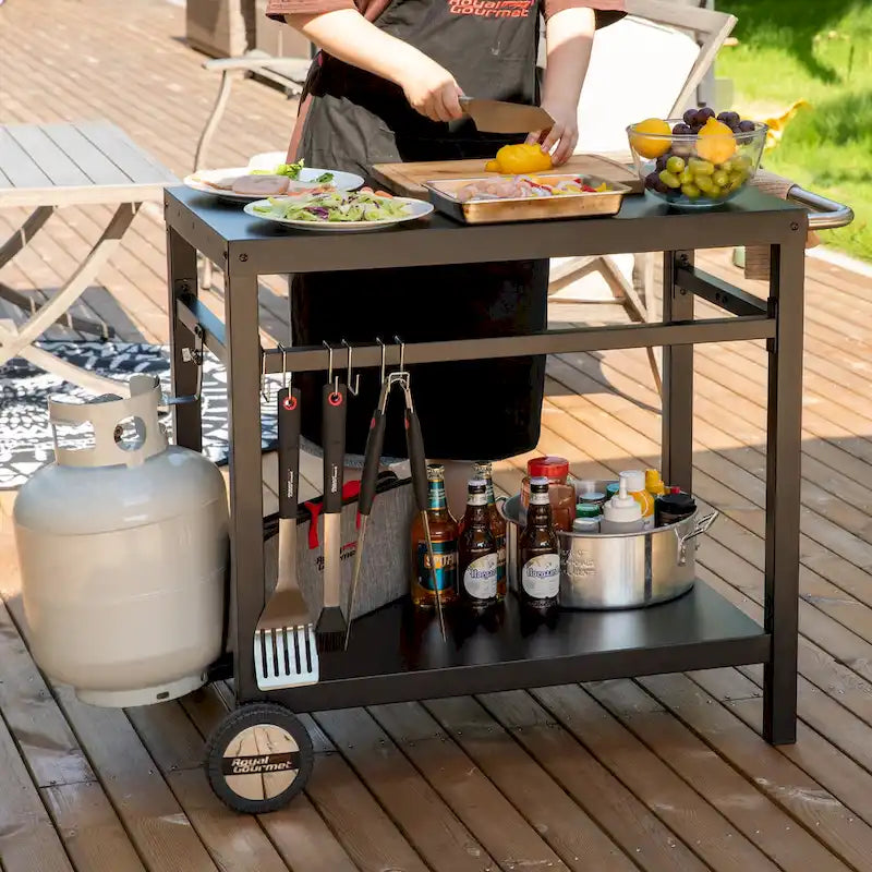 Table de travail de desserte mobile à double étagère avec poignée, noire