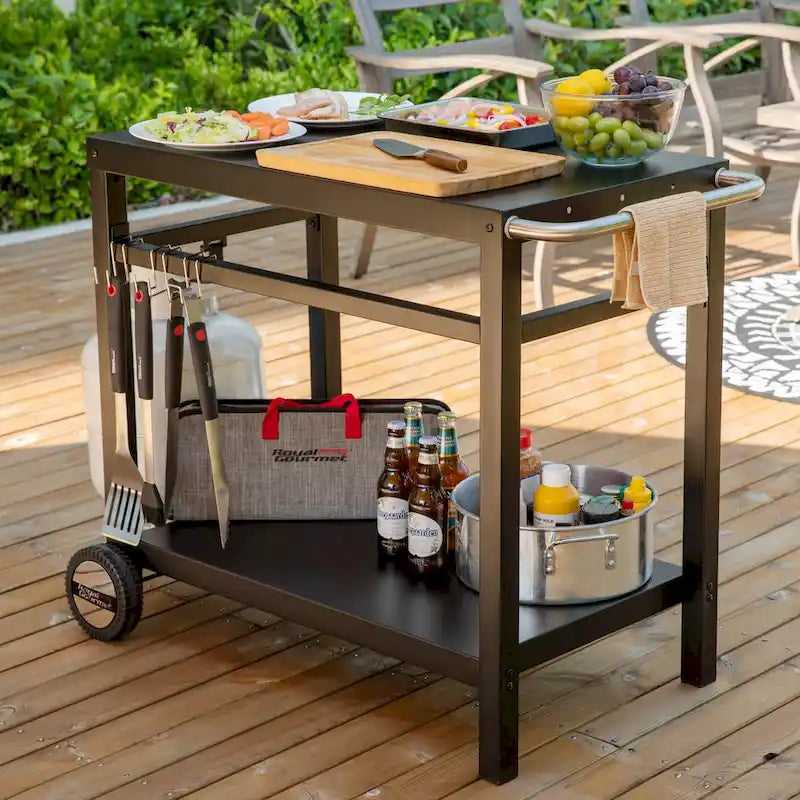 Table de travail de desserte mobile à double étagère avec poignée, noire