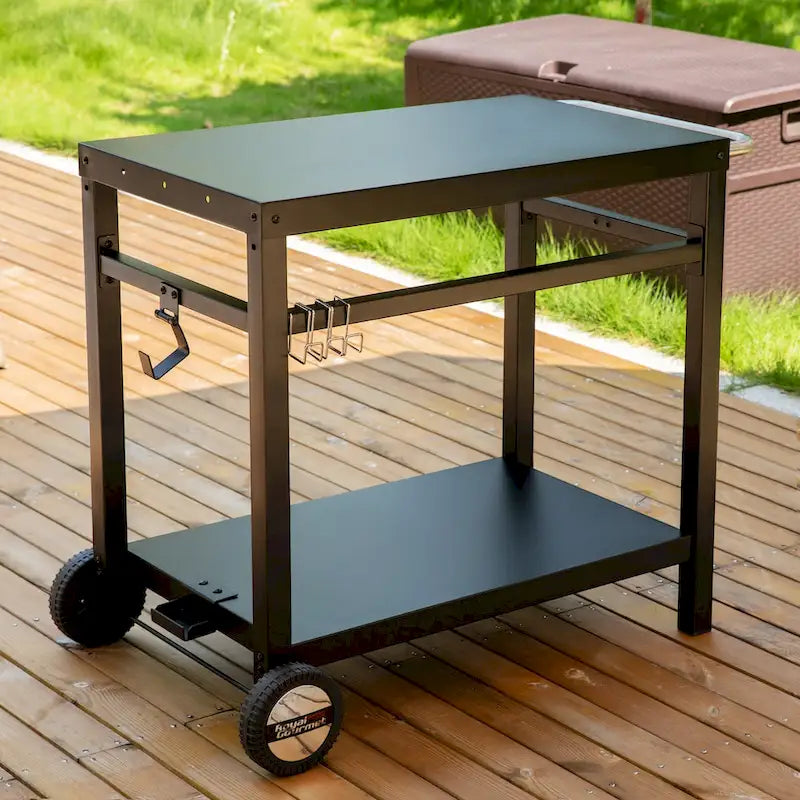 Table de travail de desserte mobile à double étagère avec poignée, noire