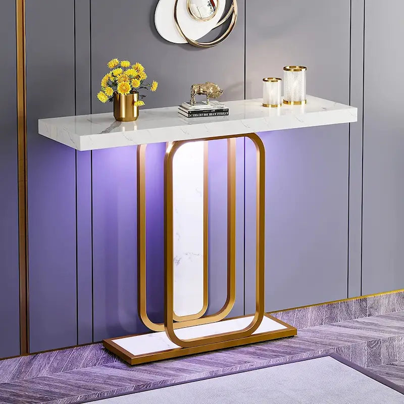 41.3 Console avec lumières LED, Table d'appoint moderne or blanc pour entrée/couloir