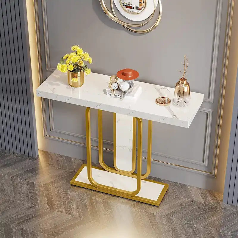 41.3 Console avec lumières LED, Table d'appoint moderne or blanc pour entrée/couloir