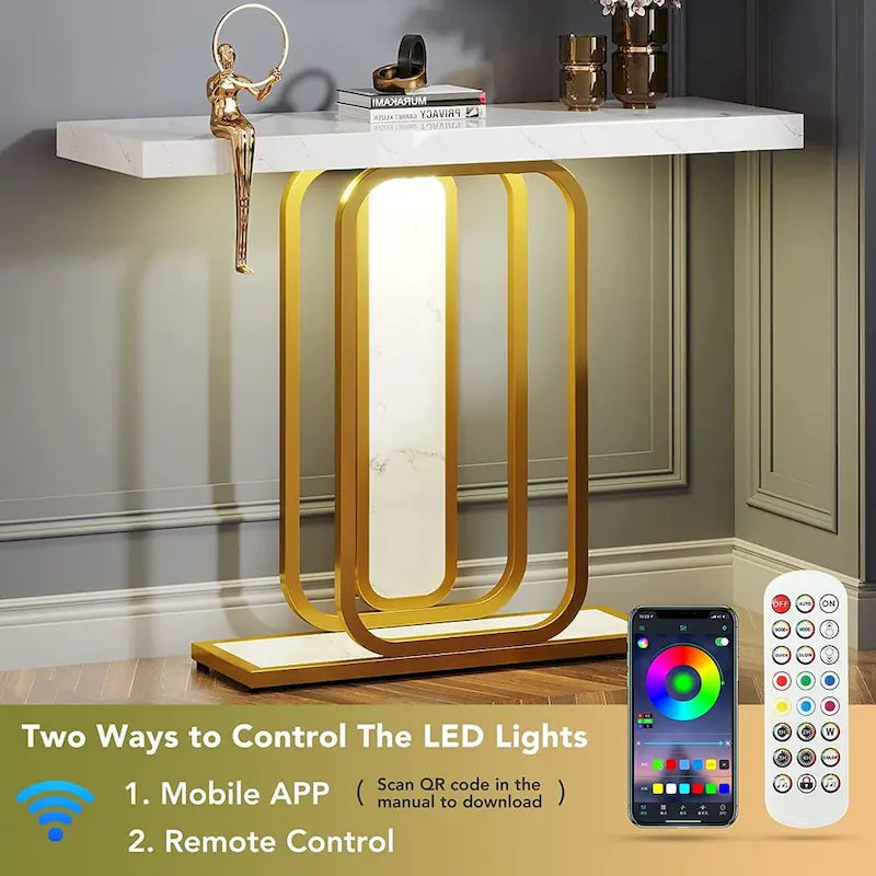 41.3 Console avec lumières LED, Table d'appoint moderne or blanc pour entrée/couloir