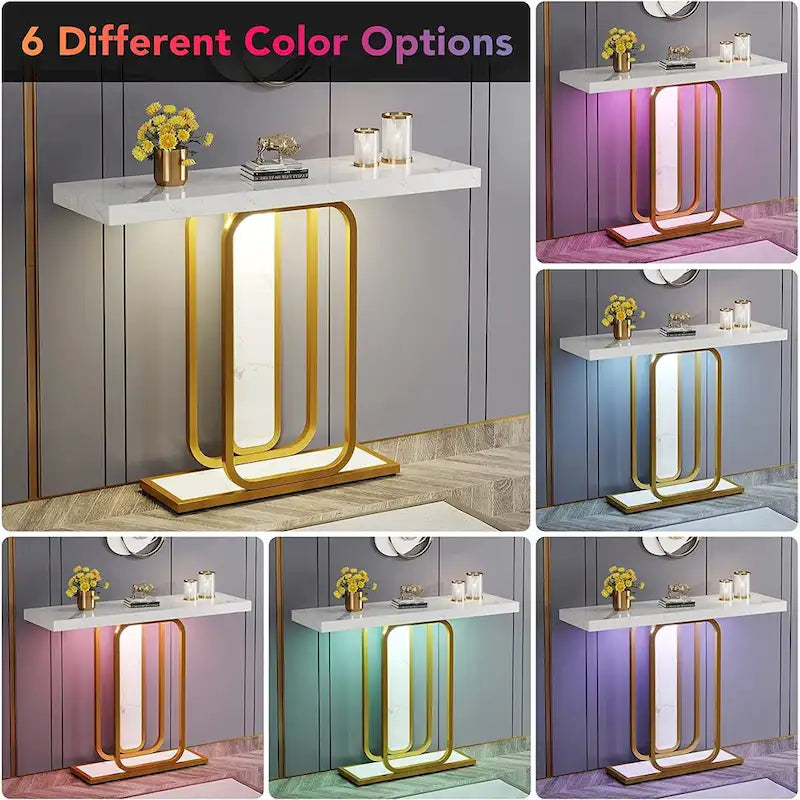 41.3 Console avec lumières LED, Table d'appoint moderne or blanc pour entrée/couloir
