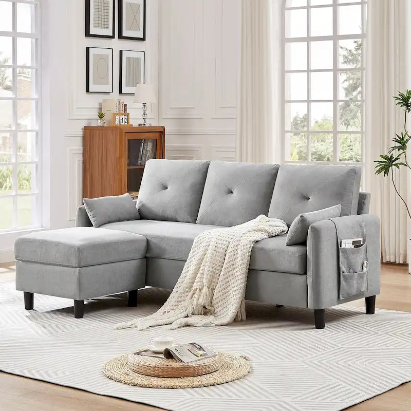 Canapé d'angle moderne de 196,5 cm avec ottoman réversible et poche de rangement latérale
