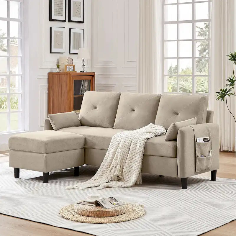 Canapé d'angle moderne de 196,5 cm avec ottoman réversible et poche de rangement latérale