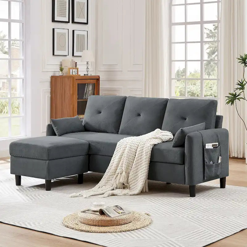 Canapé d'angle moderne de 196,5 cm avec ottoman réversible et poche de rangement latérale