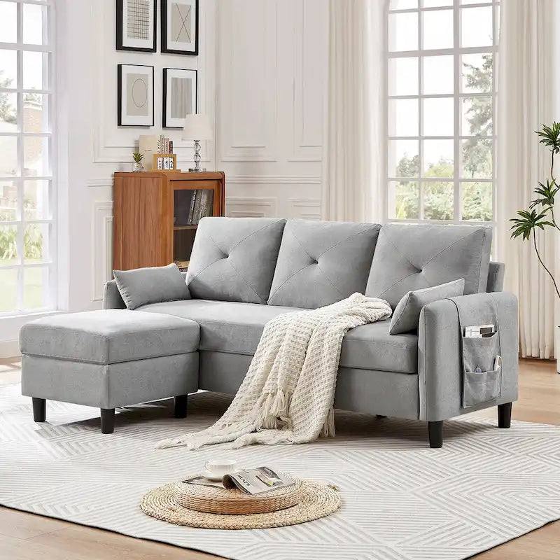 Canapé d'angle moderne de 196,5 cm avec ottoman réversible et poche de rangement latérale