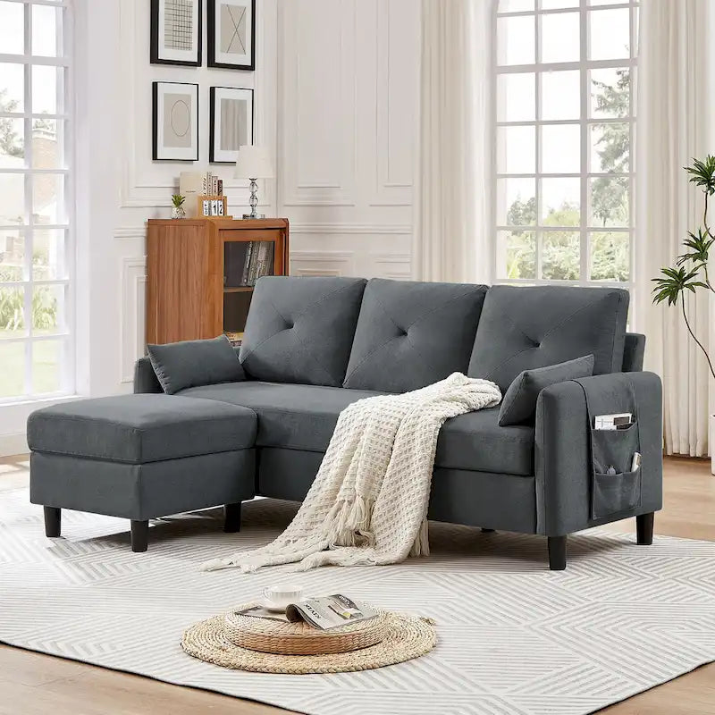 Canapé d'angle moderne de 196,5 cm avec ottoman réversible et poche de rangement latérale