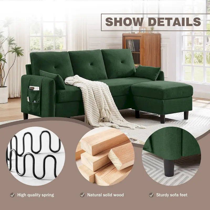 Canapé d'angle moderne de 196,5 cm avec ottoman réversible et poche de rangement latérale
