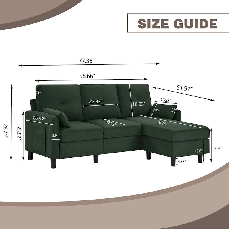 Canapé d'angle moderne de 196,5 cm avec ottoman réversible et poche de rangement latérale