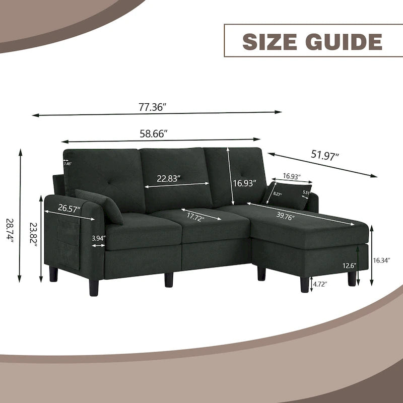 Canapé d'angle moderne de 196,5 cm avec ottoman réversible et poche de rangement latérale