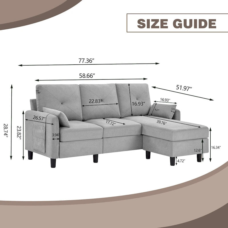 Canapé d'angle moderne de 196,5 cm avec ottoman réversible et poche de rangement latérale