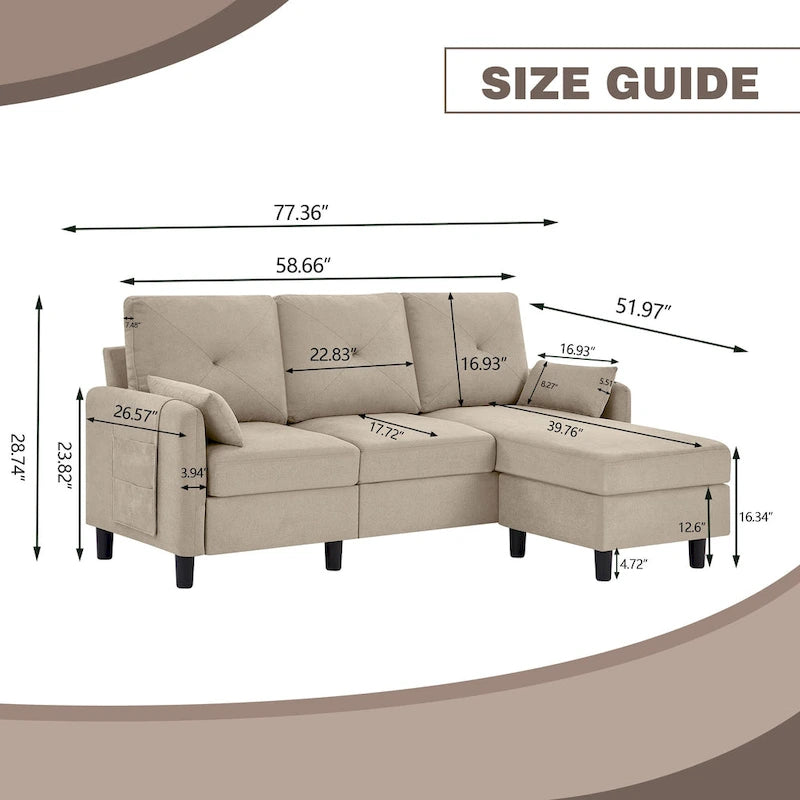 Canapé d'angle moderne de 196,5 cm avec ottoman réversible et poche de rangement latérale