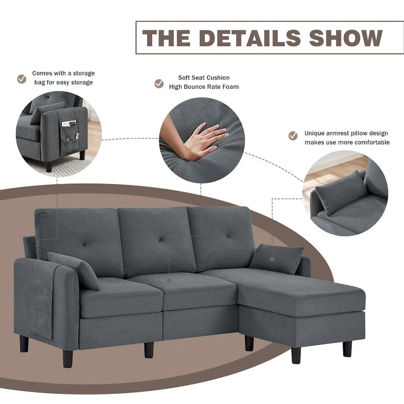 Canapé d'angle moderne de 196,5 cm avec ottoman réversible et poche de rangement latérale