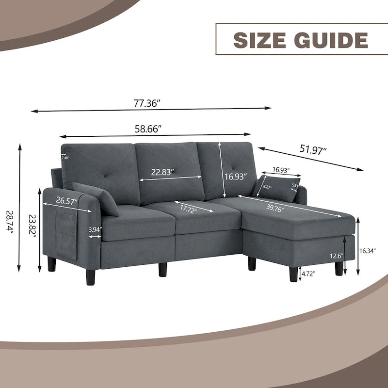 Canapé d'angle moderne de 196,5 cm avec ottoman réversible et poche de rangement latérale