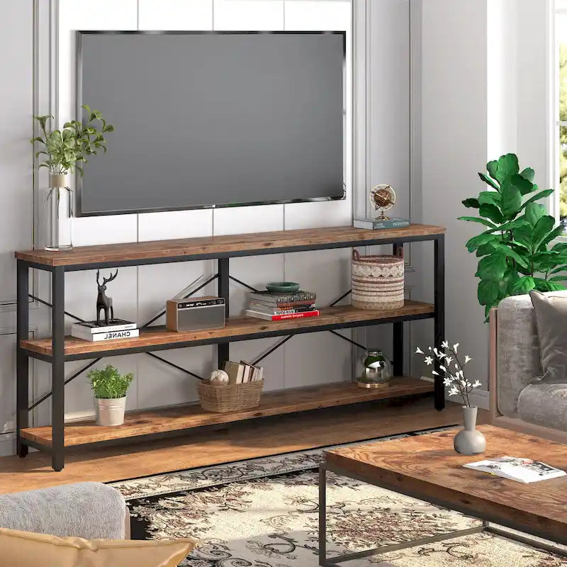 Console de 70,8 pouces, meuble TV à 3 niveaux, table de canapé