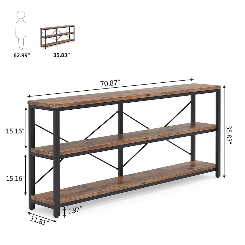 Console de 70,8 pouces, meuble TV à 3 niveaux, table de canapé