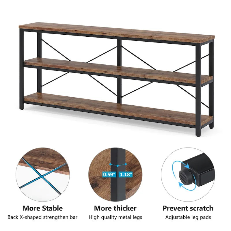 Console de 70,8 pouces, meuble TV à 3 niveaux, table de canapé