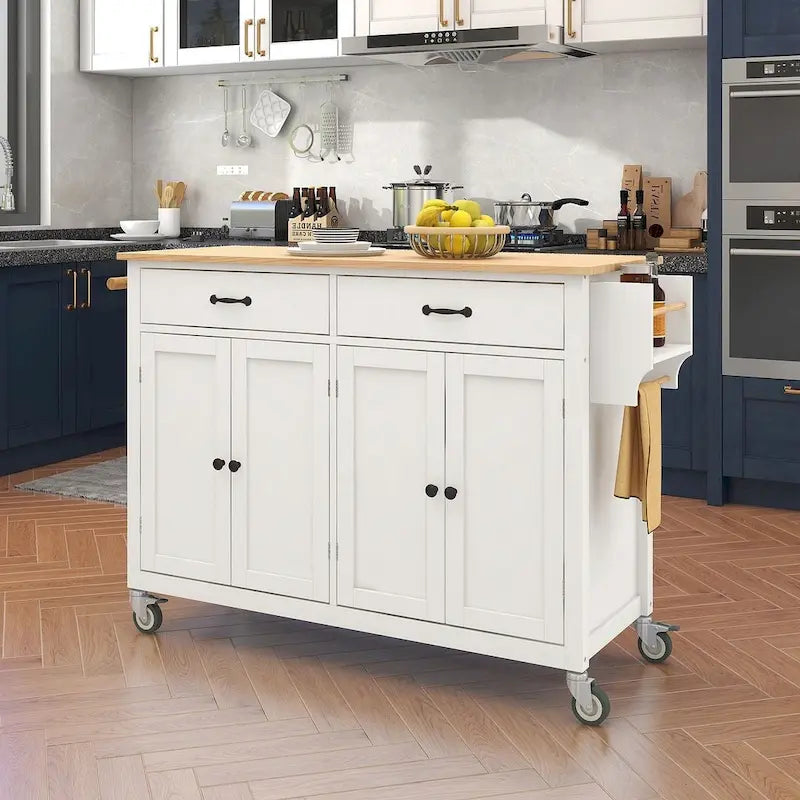 Chariot de cuisine de 54,3 W avec comptoir en bois massif, meuble à 4 portes et 2 tiroirs