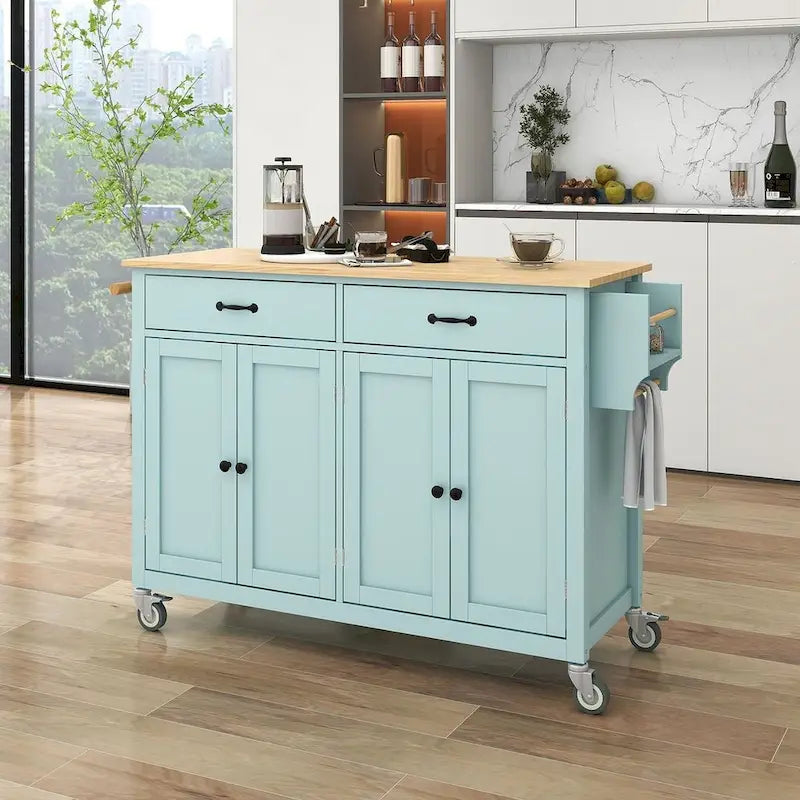 Chariot de cuisine de 54,3 W avec comptoir en bois massif, meuble à 4 portes et 2 tiroirs