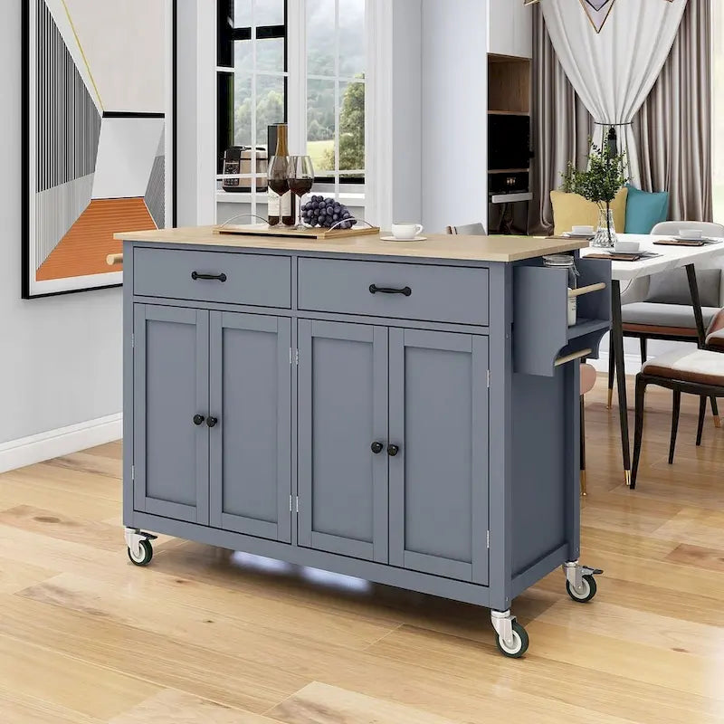 Chariot de cuisine de 54,3 W avec comptoir en bois massif, meuble à 4 portes et 2 tiroirs