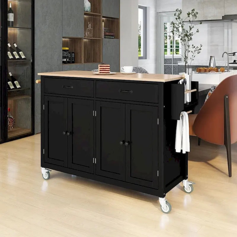 Chariot de cuisine de 54,3 W avec comptoir en bois massif, meuble à 4 portes et 2 tiroirs