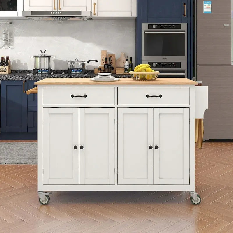 Chariot de cuisine de 54,3 W avec comptoir en bois massif, meuble à 4 portes et 2 tiroirs