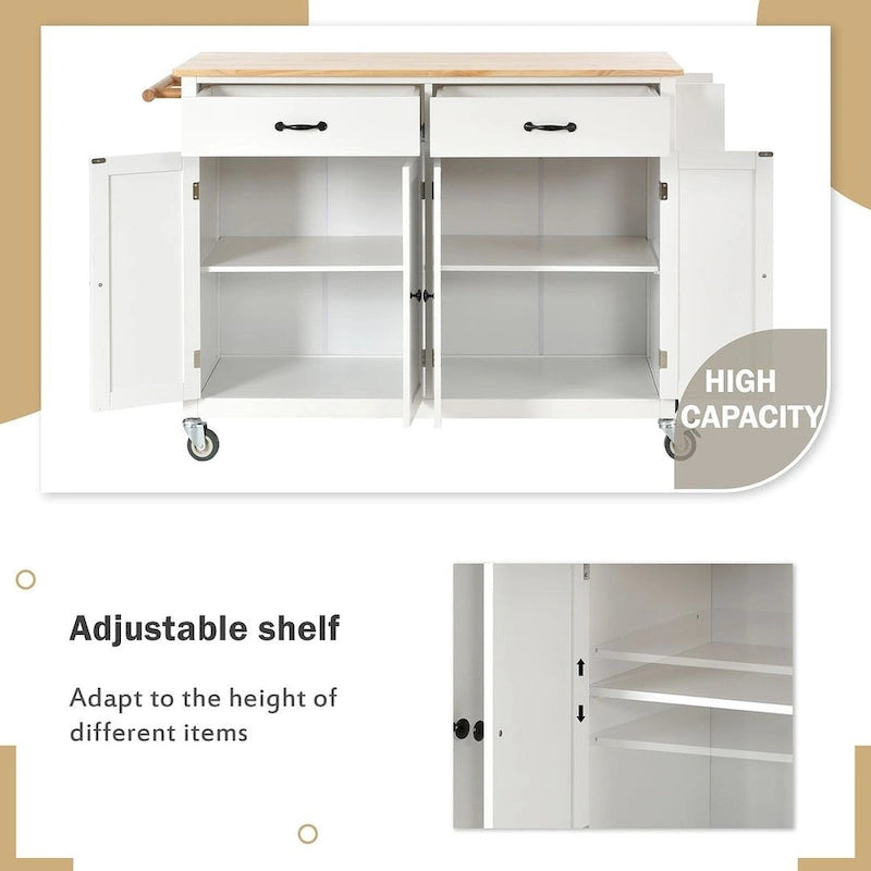 Chariot de cuisine de 54,3 W avec comptoir en bois massif, meuble à 4 portes et 2 tiroirs