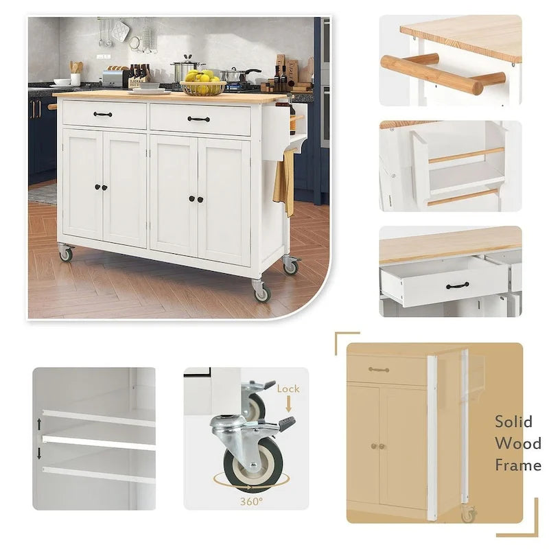 Chariot de cuisine de 54,3 W avec comptoir en bois massif, meuble à 4 portes et 2 tiroirs